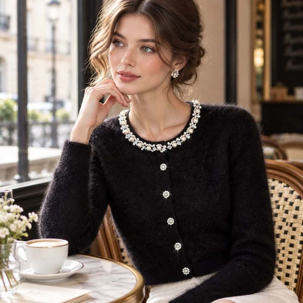 alice + olivia Dollie Cardigan Size XS/TP Black Cashmere Rhinestone Pearl